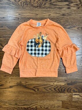 Mia Belle Girls Orange Buffalo-Check Pumpkin Ruffle-Sleeve Top 4T/5